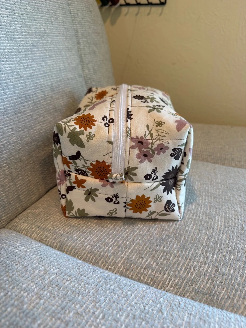 Handmade Floral Quilted Cosmetic Pouch in Cream and Brown